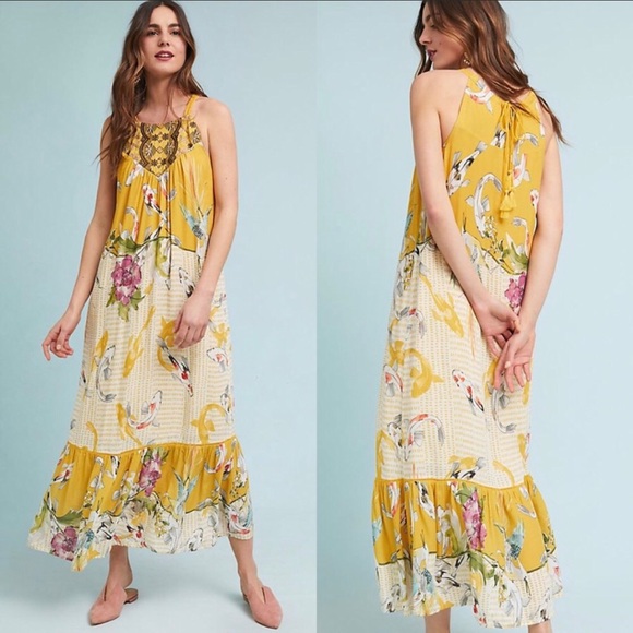Anthropologie Maxi Dress New Size Large Mustard Yellow Halter Flowy Smocked